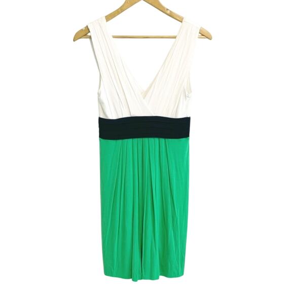B44 Dressed (Nordstrom) White and Green Color Block Mini Dress Deep V - Picture 1 of 7